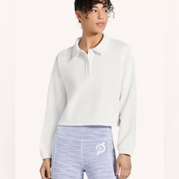 Peloton $68 Cropped Polo Sweatshirt White Purple Check Button Shirt Size Medium - Picture 8 of 8